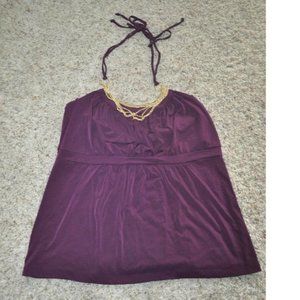 Womens Halter Top Apt 9 Purple Small with Attached Gold Necklace Stretch Empire